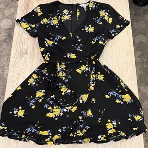 Juniors Floral Wrap Dress in Black and Yellow